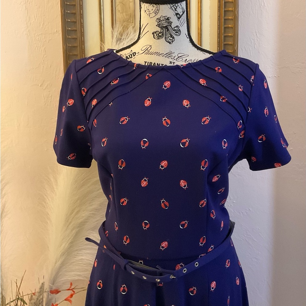 Unique Vintage Navy Dress with Red and White Ladybug Pattern